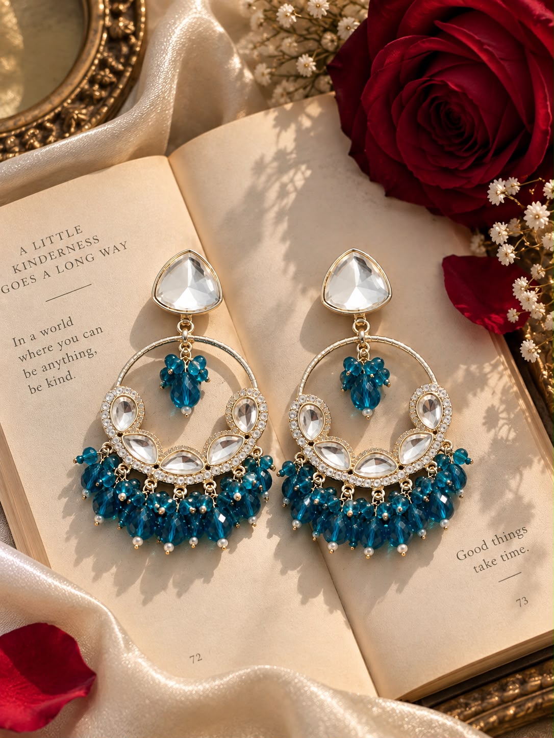 Teal Kundan Crystal Statement Chandbali Earrings