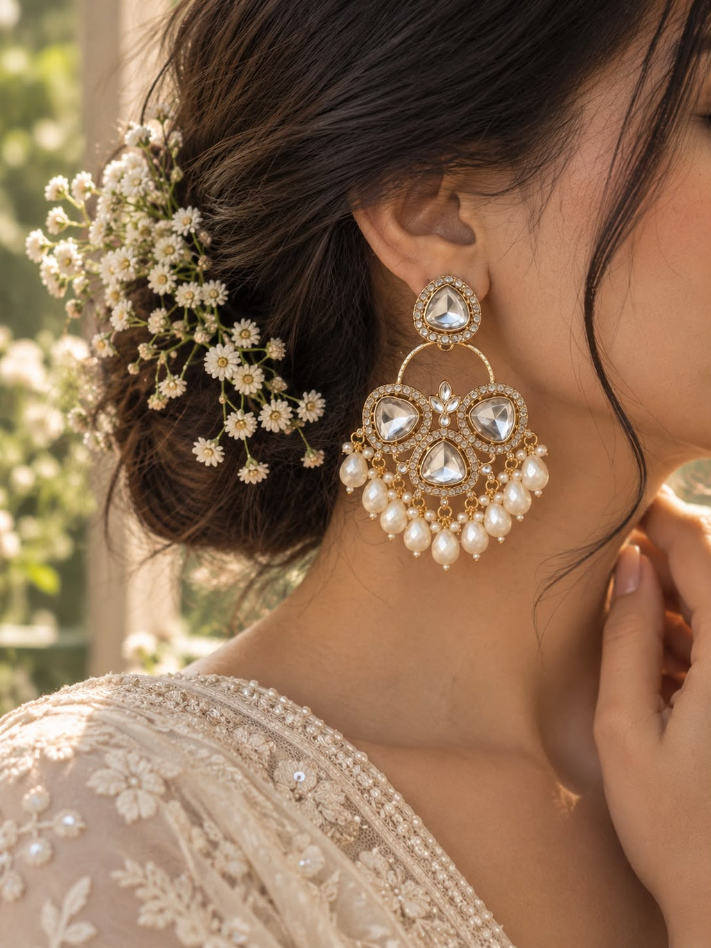 White Kundan Crystal Chandbali Earrings with Pearl Drops | Statement Festive Earrings