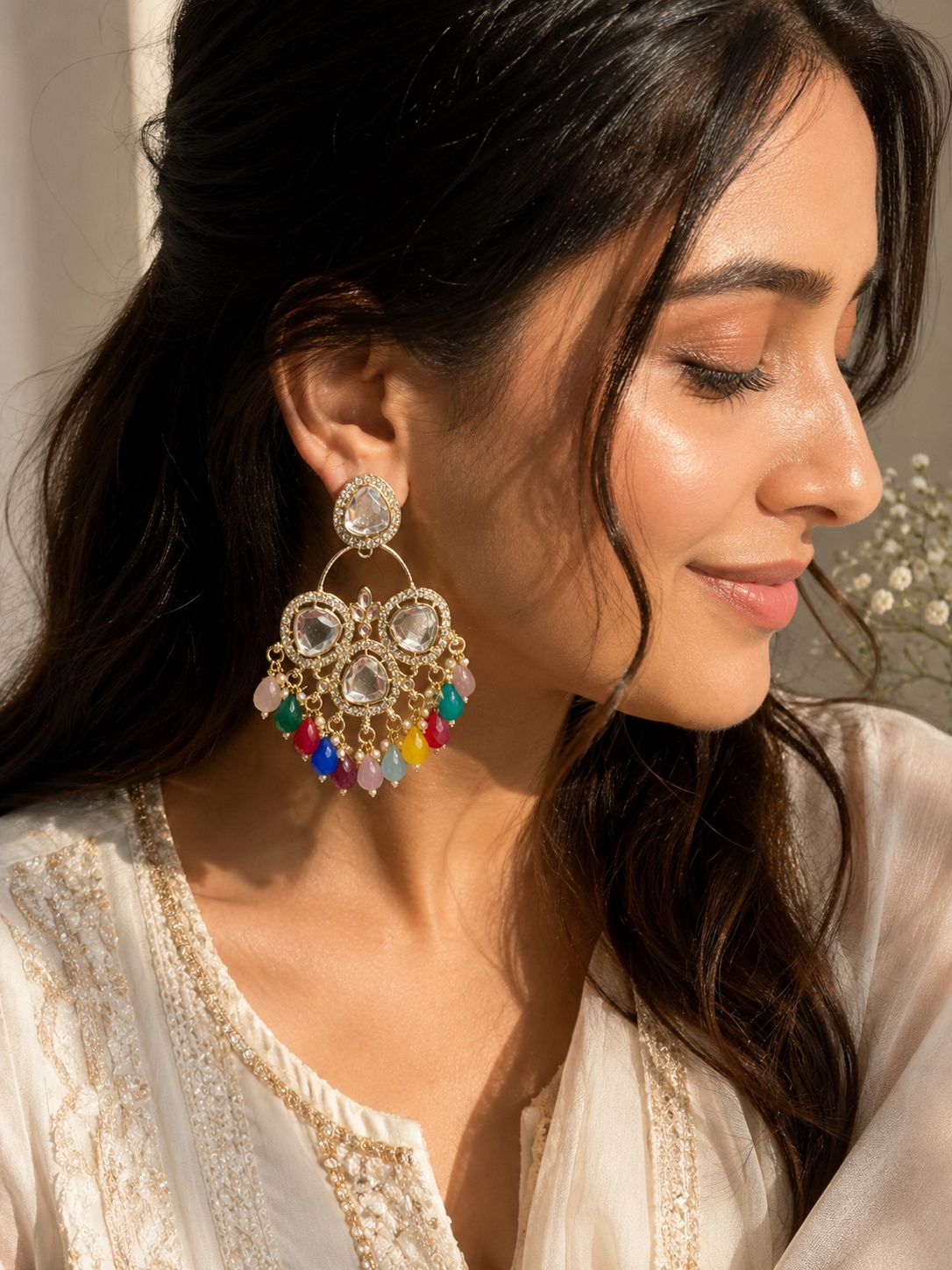 Rainbow Kundan Statement Chandelier Earrings