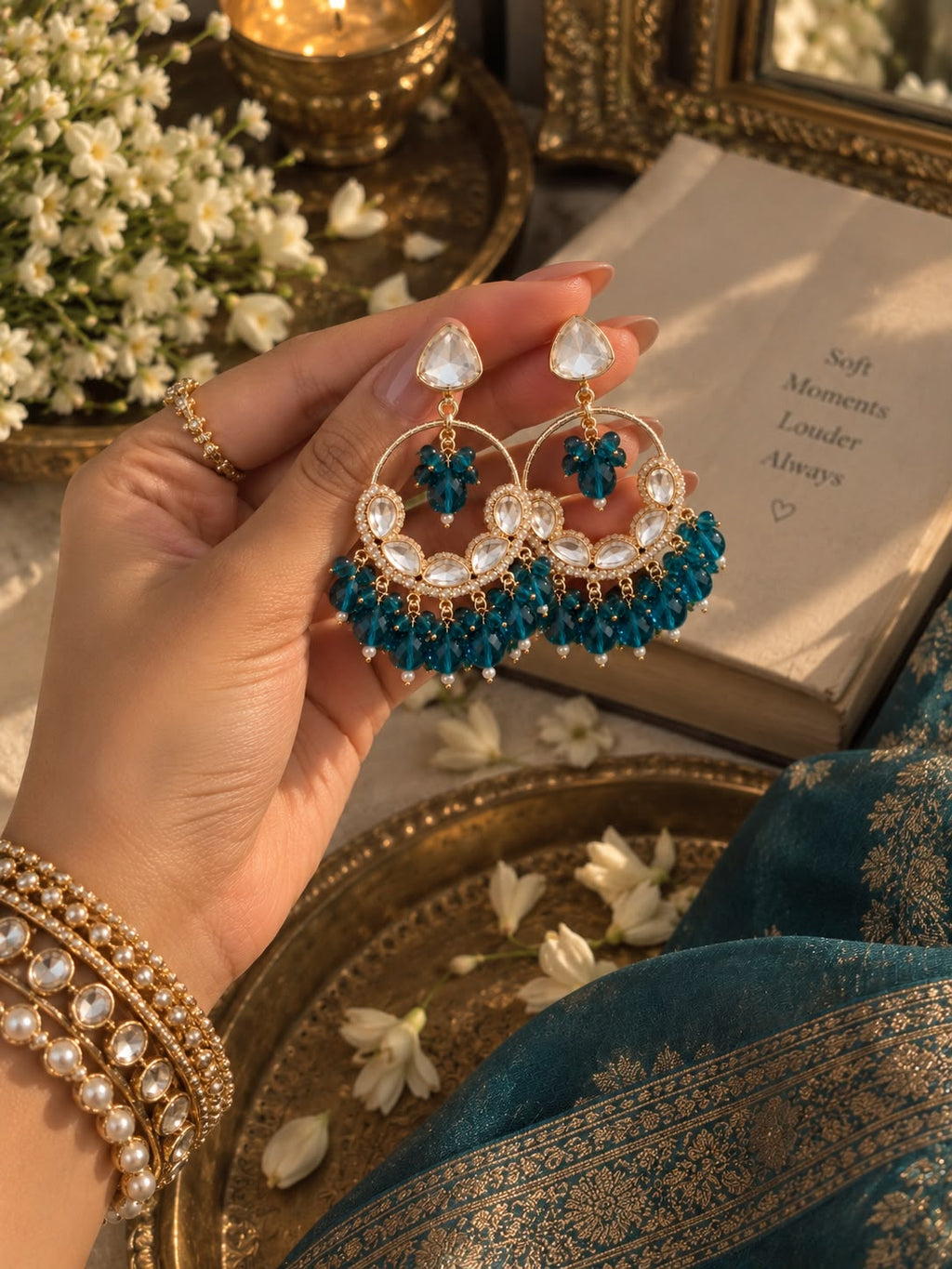 Teal Kundan Crystal Statement Chandbali Earrings