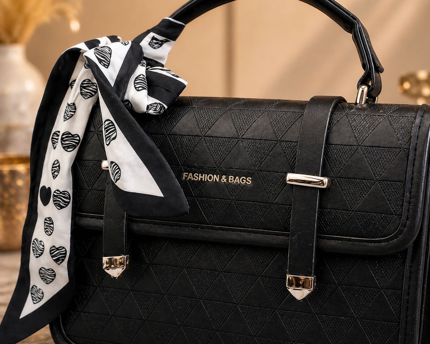 Elegant Black Textured Top Handle Satchel Bag with Printed Twilly Scarf