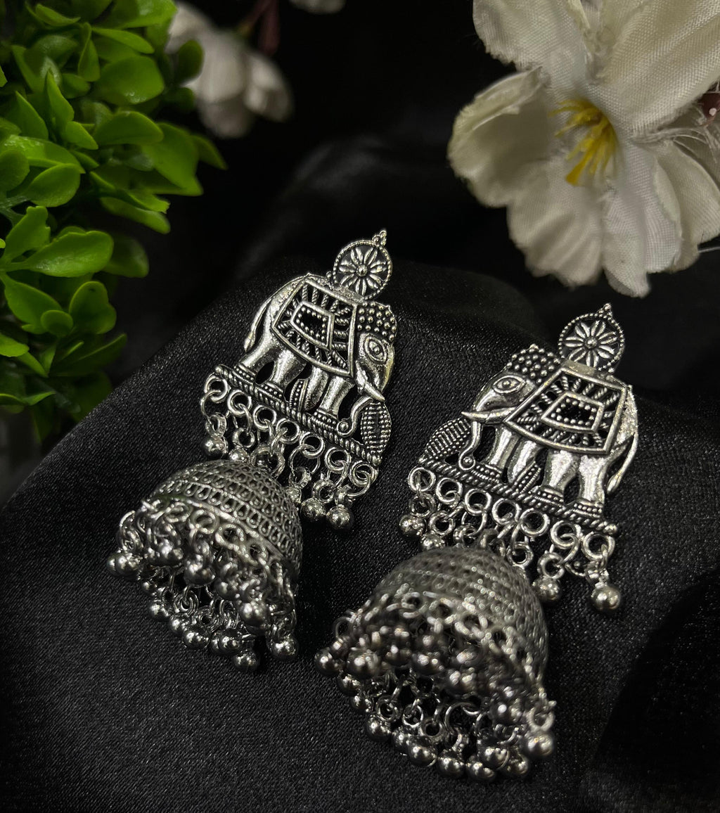 Silver Elephant Design Oxidised Earrings