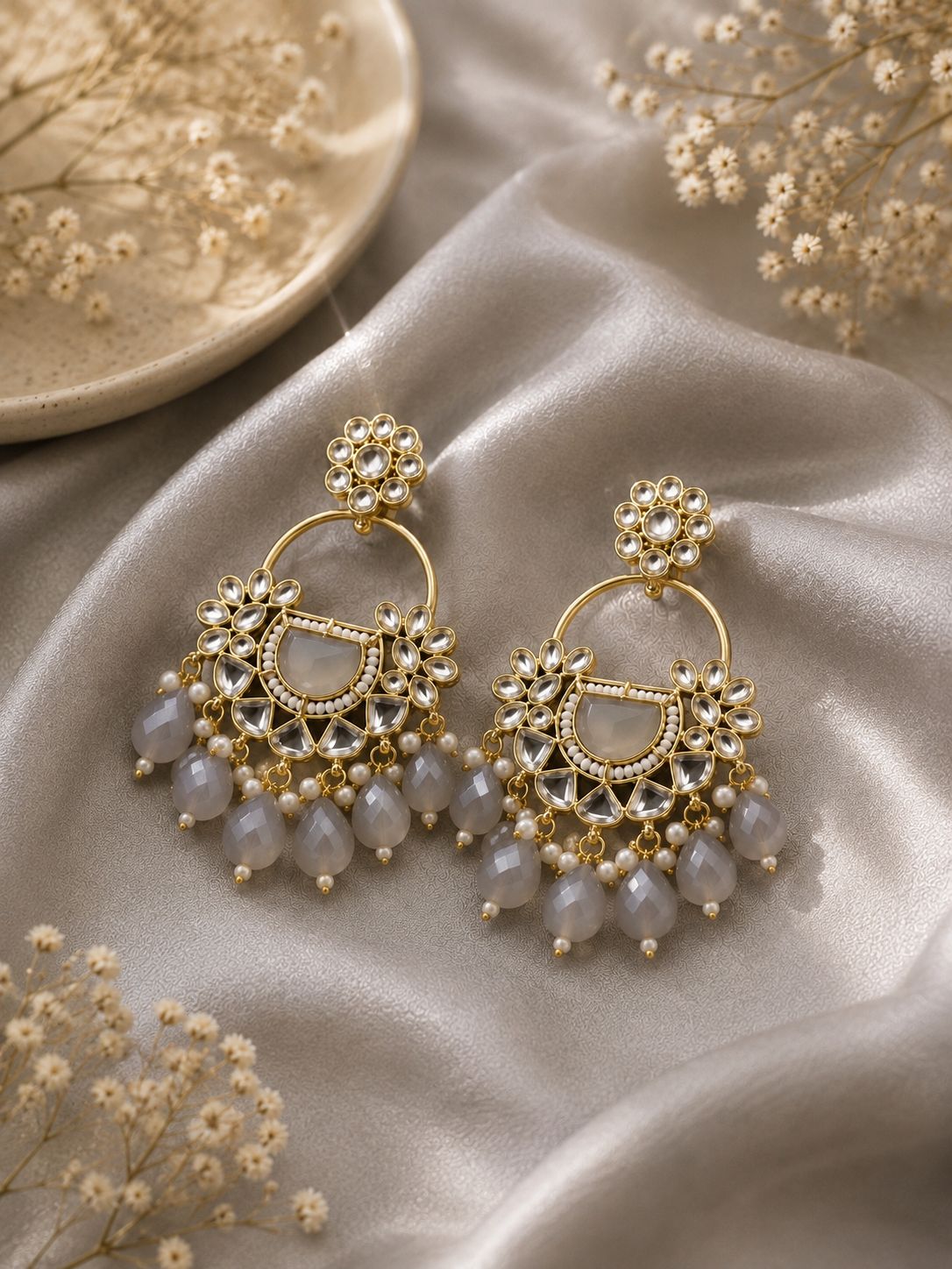 Grey Kundan Chandbali Earrings | Pearl & Stone Statement Earrings