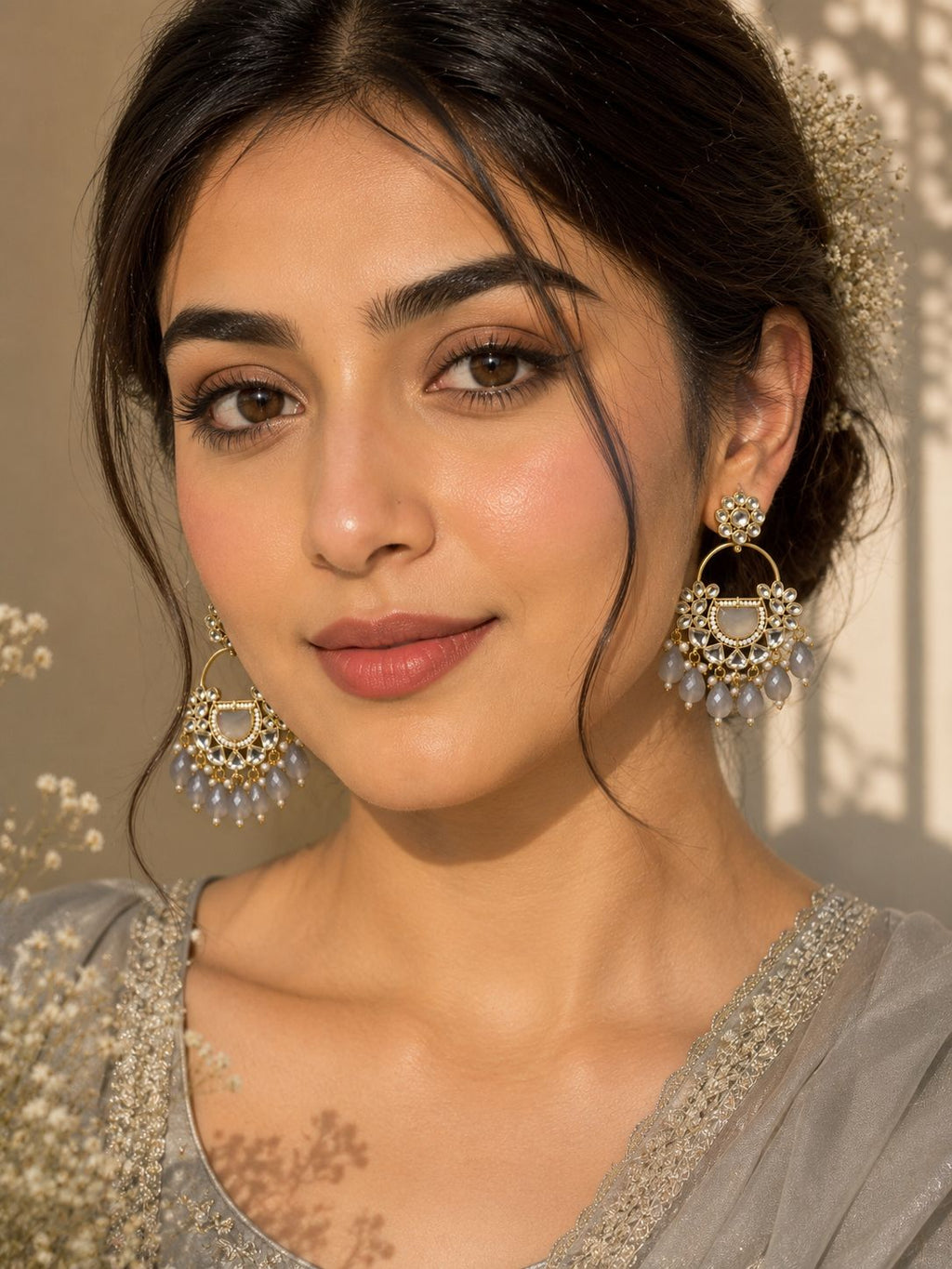 Grey Kundan Chandbali Earrings | Pearl & Stone Statement Earrings