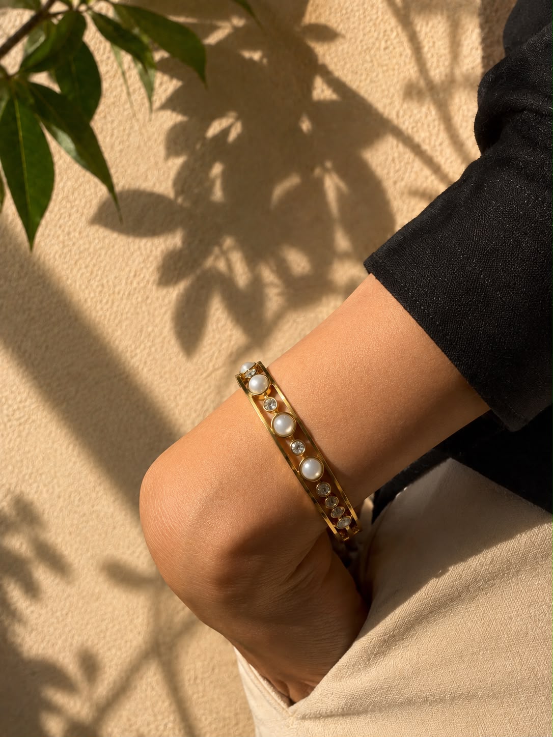 Luna Pearl & Crystal Gold-Tone Open Cuff Bracelet