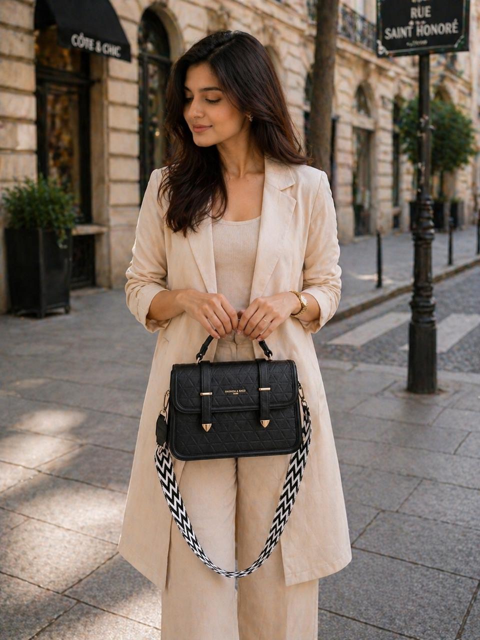 Elegant Black Textured Top Handle Satchel Bag with Printed Twilly Scarf