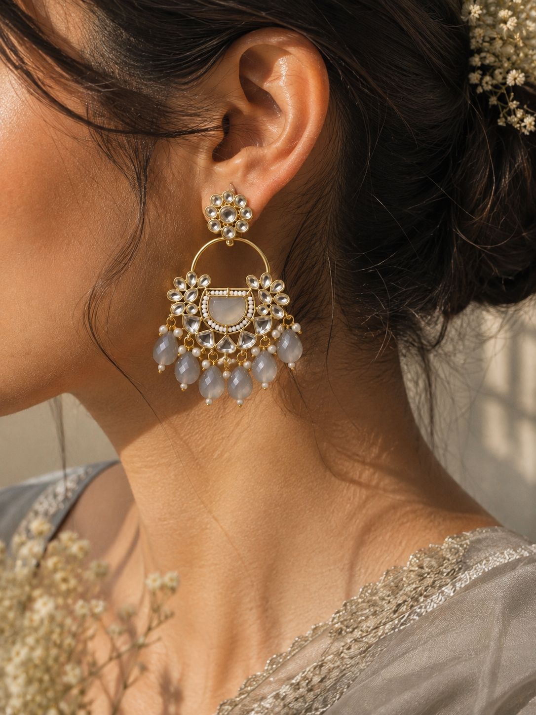 Grey Kundan Chandbali Earrings | Pearl & Stone Statement Earrings