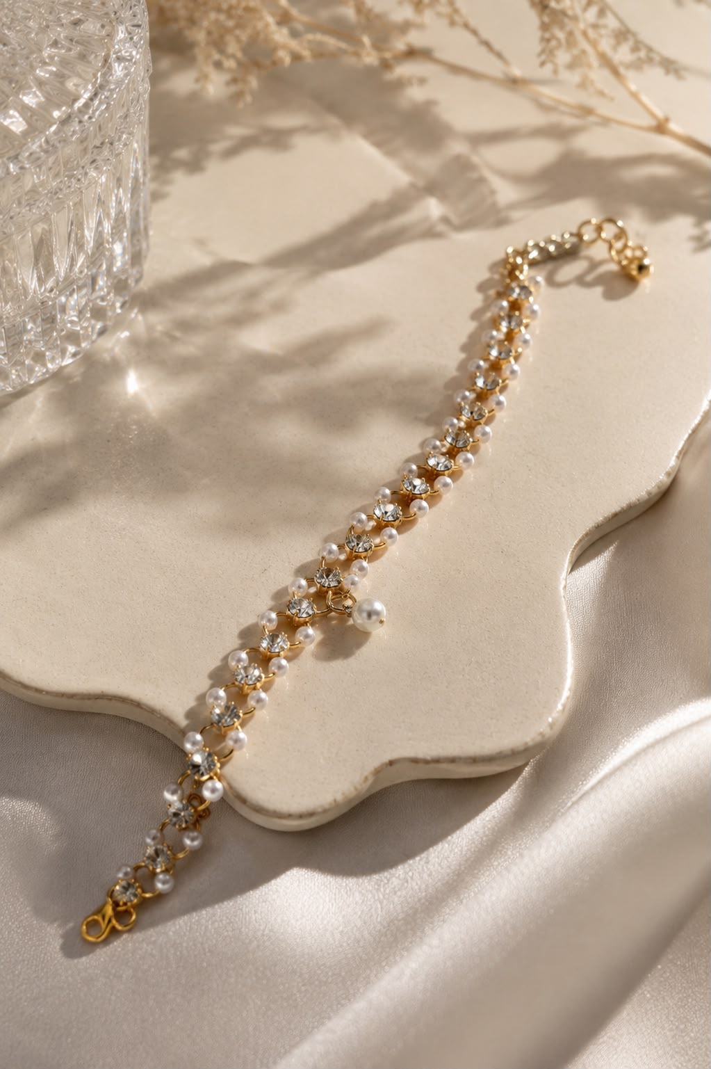 Korean Stone Pearl & Crystal Charm Bracelet