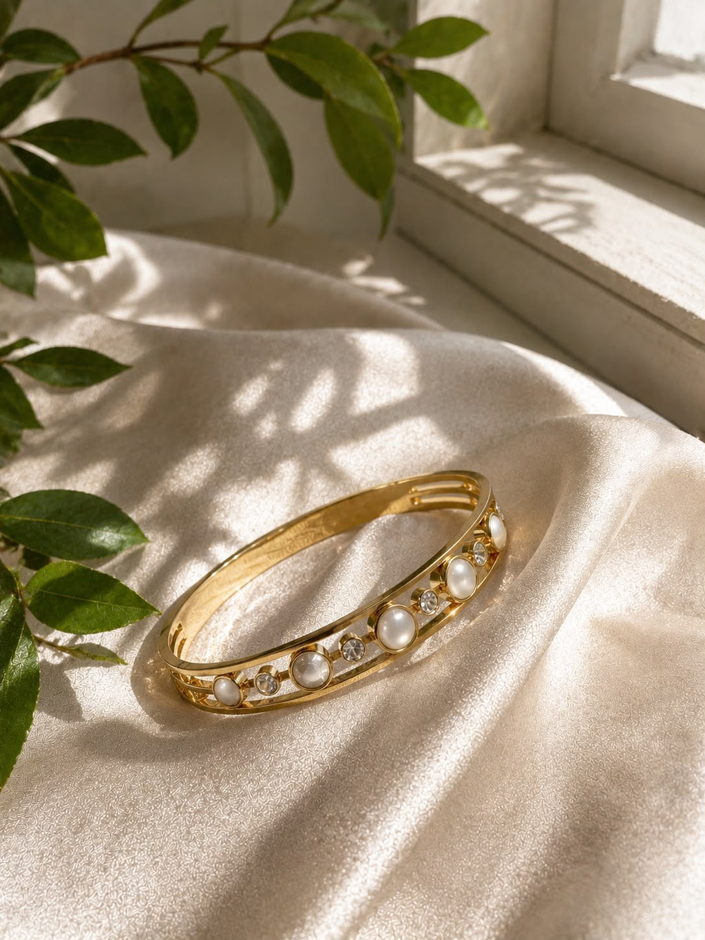 Luna Pearl & Crystal Gold-Tone Open Cuff Bracelet
