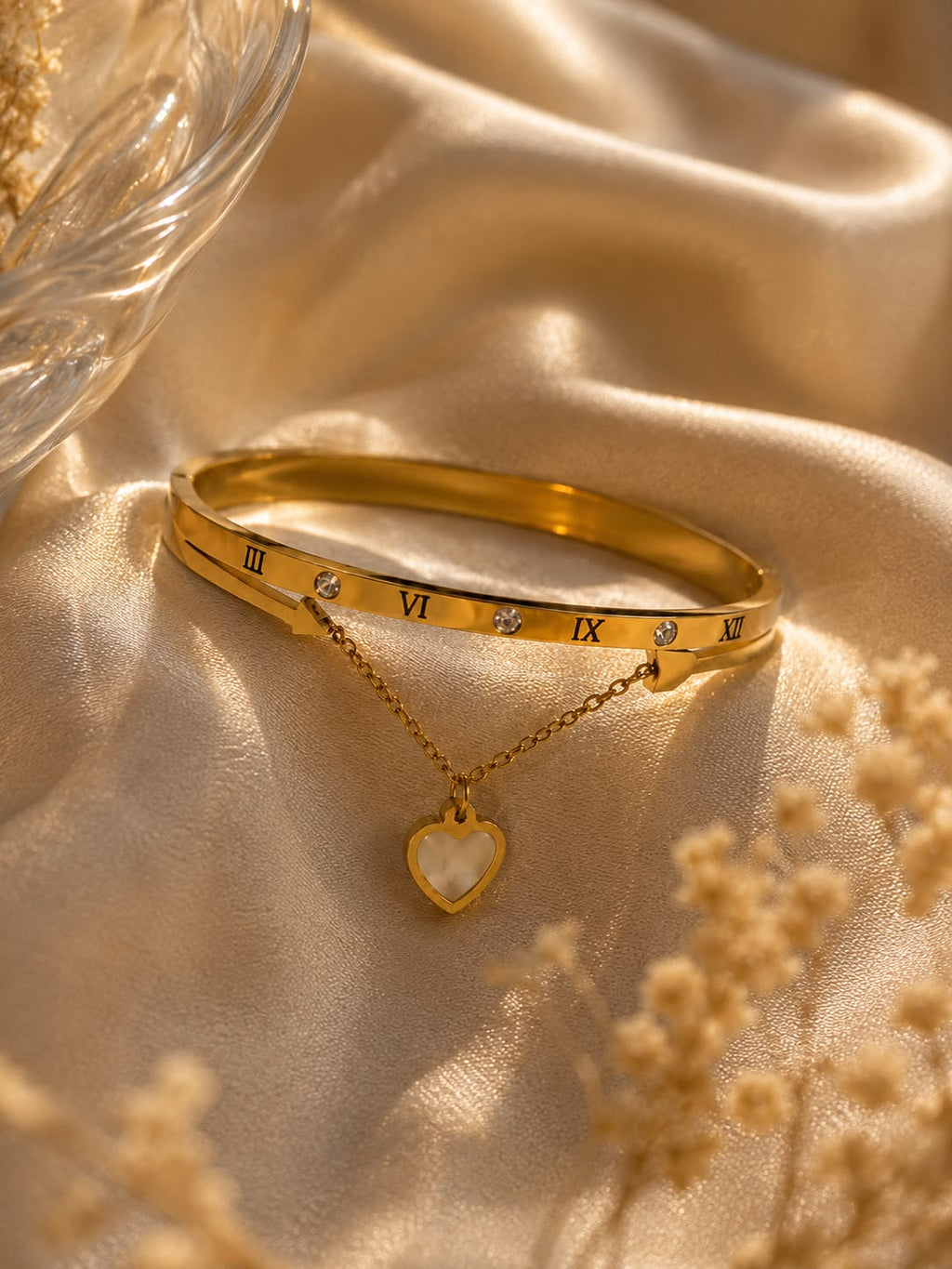 Roman Numeral Heart Charm Gold Cuff Bracelet