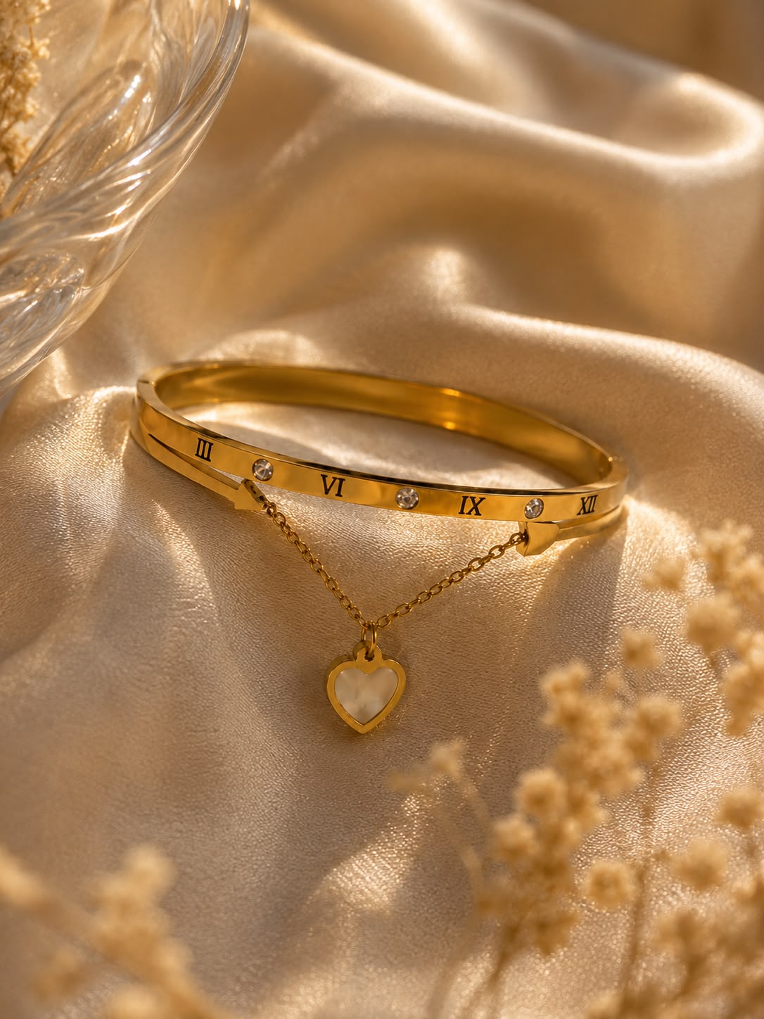 Roman Numeral Heart Charm Gold Cuff Bracelet