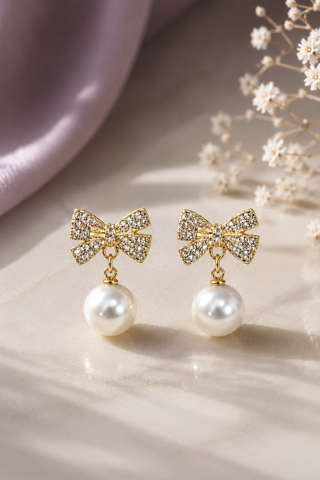 Pearl Bow Crystal Drop Earrings