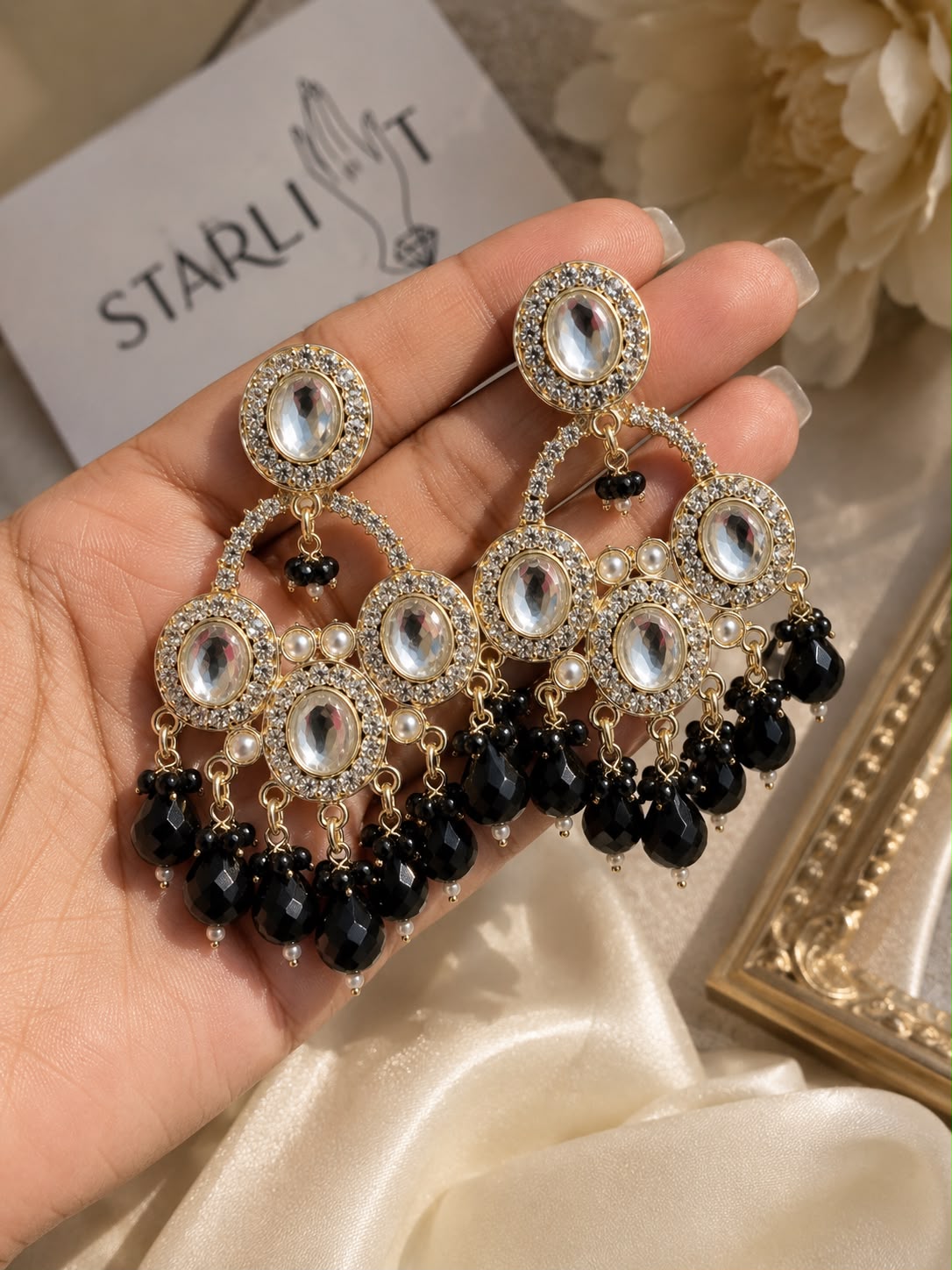 Black Onyx Chandbali Statement Earrings
