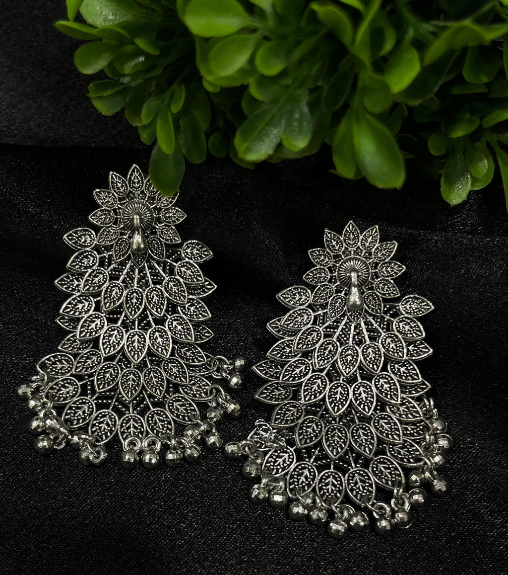 Silver Peacock Feather Design Oxidised Earrings