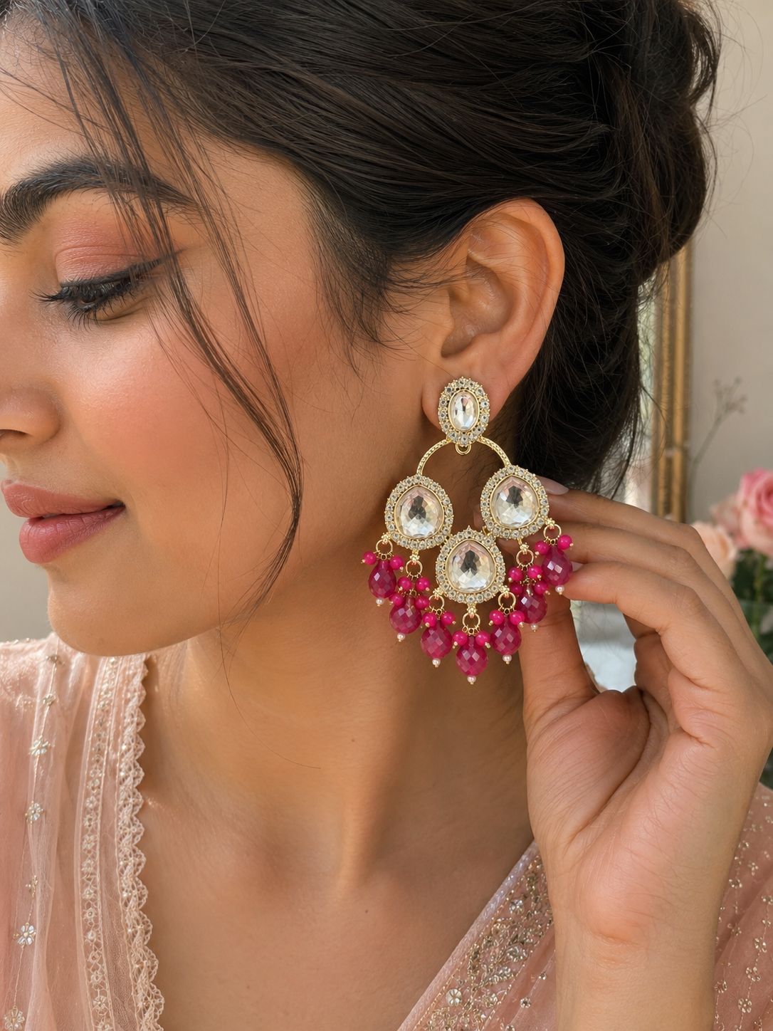 Fuchsia Kundan Statement Chandelier Earrings