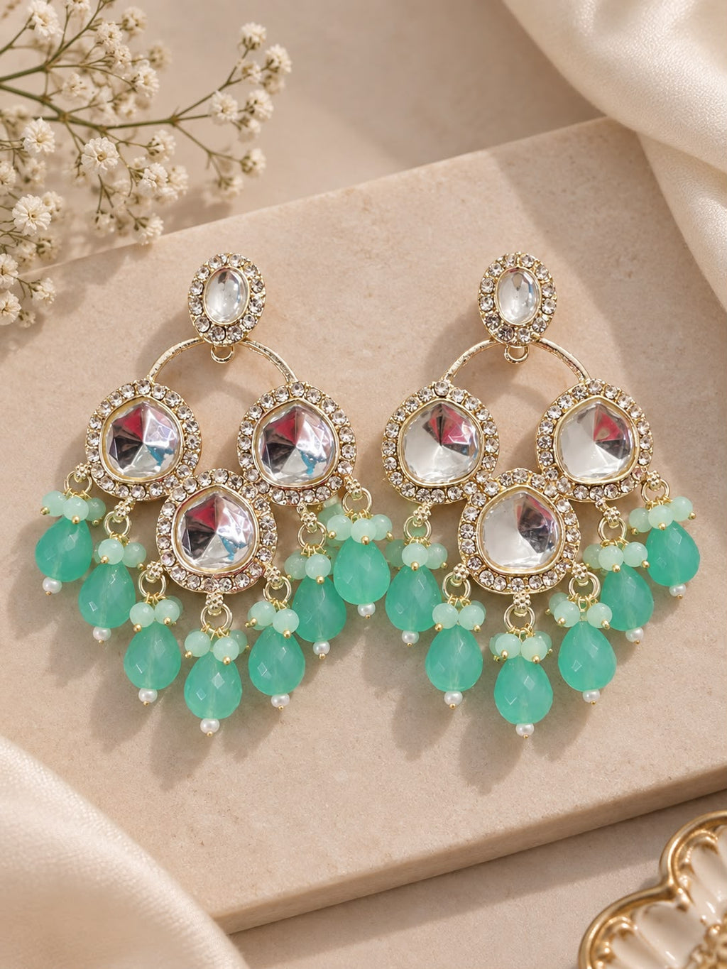 Mint Green Kundan Statement Chandbali Earrings