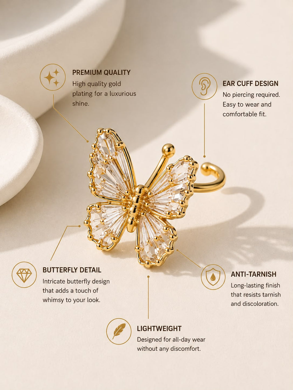Golden Butterfly Crystal Ear Cuff
