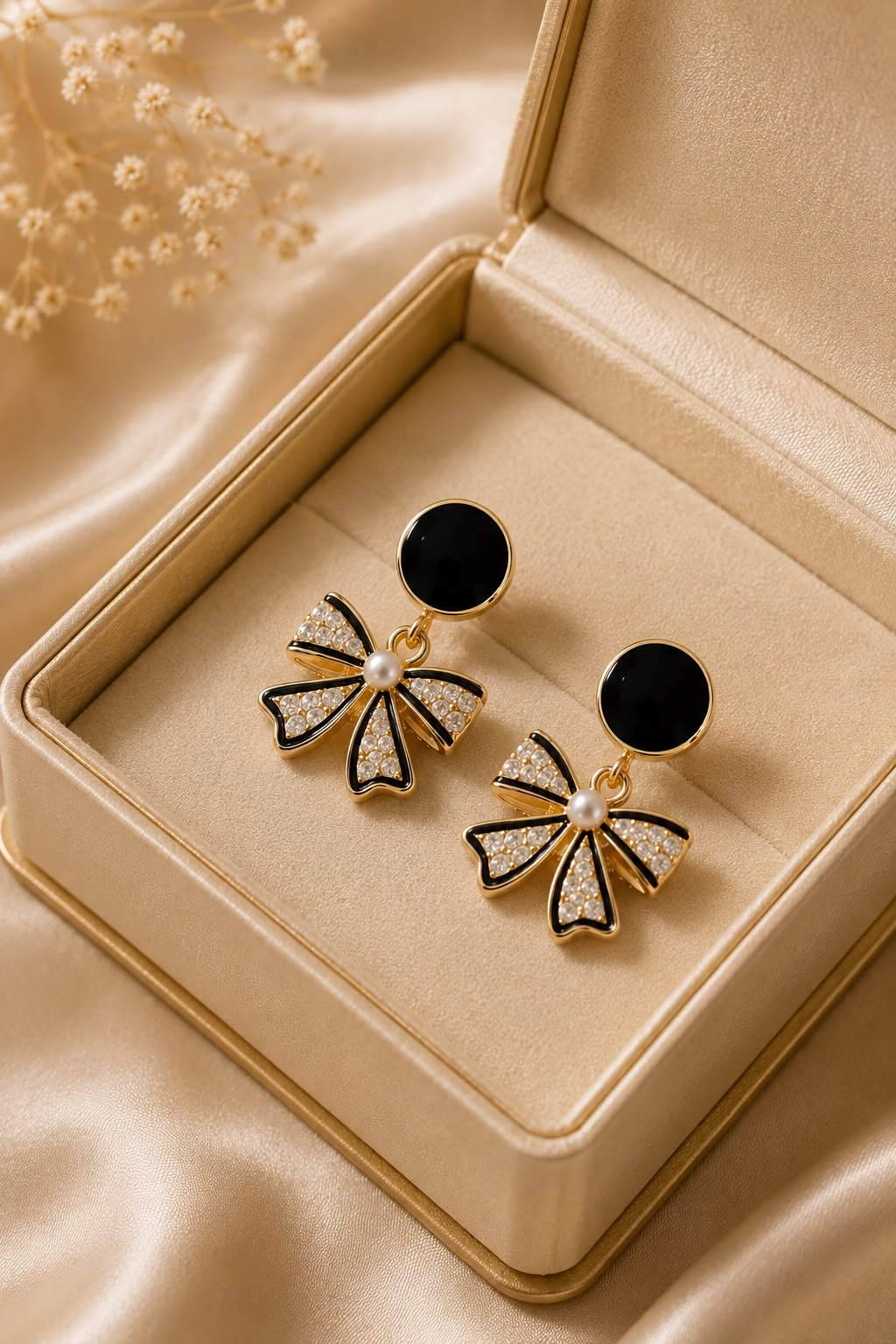 Luna Noir Bow Pearl Drop Earrings