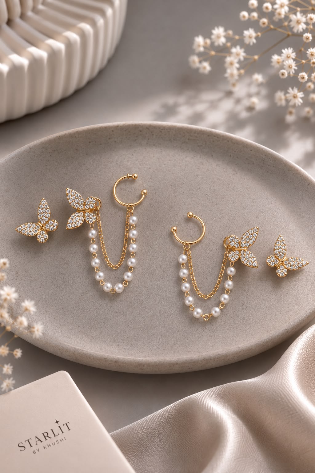 Butterfly Pearl Chain Ear Cuff and Stud Earrings