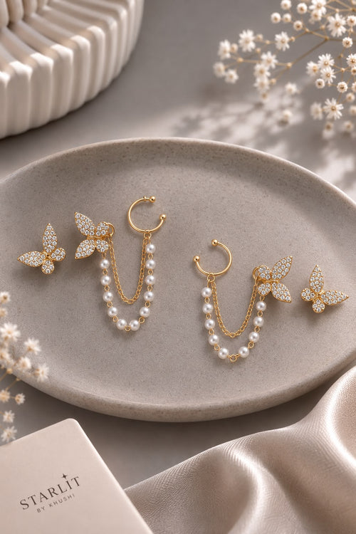 Butterfly Pearl Chain Ear Cuff and Stud Earrings