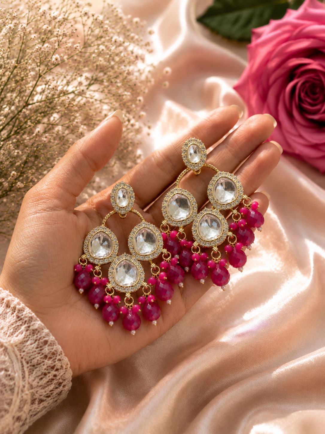 Fuchsia Kundan Statement Chandelier Earrings