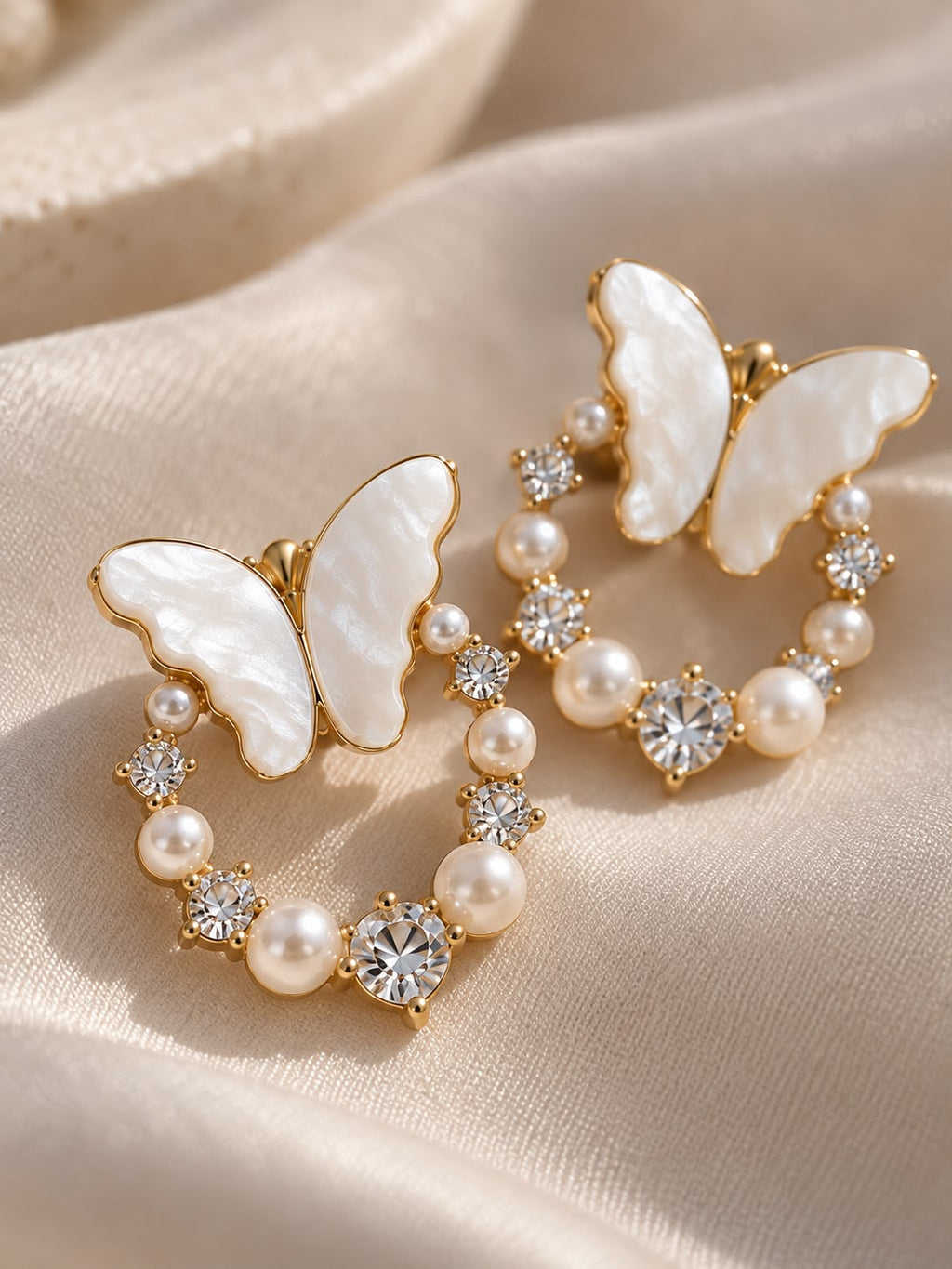 Pearl Butterfly Crystal Stud Earrings