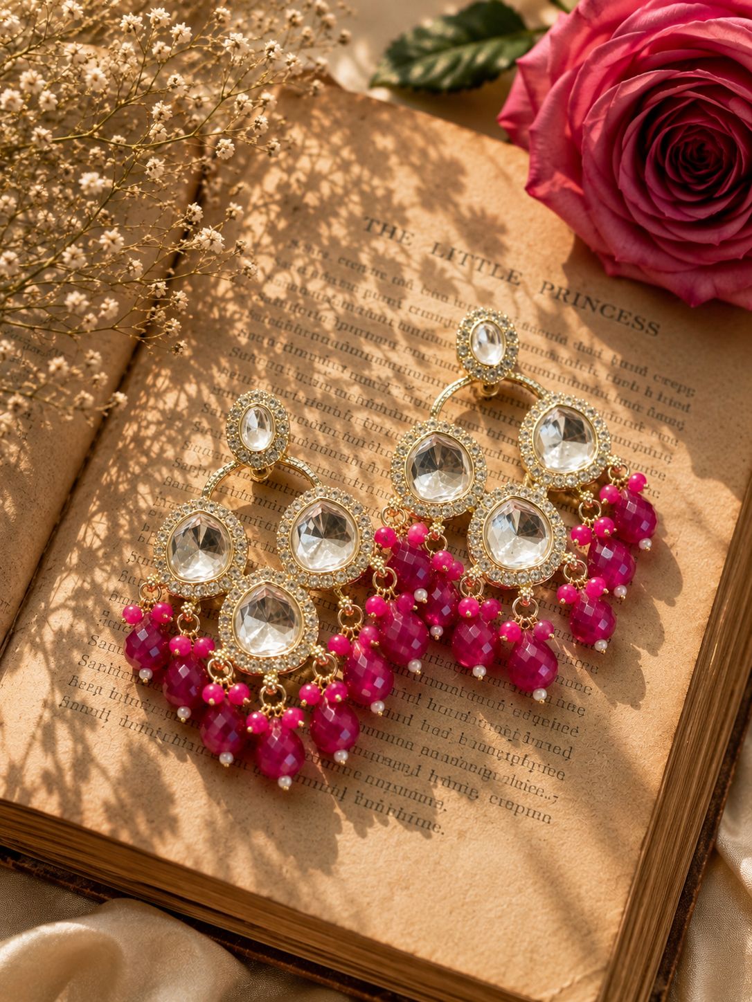 Fuchsia Kundan Statement Chandelier Earrings