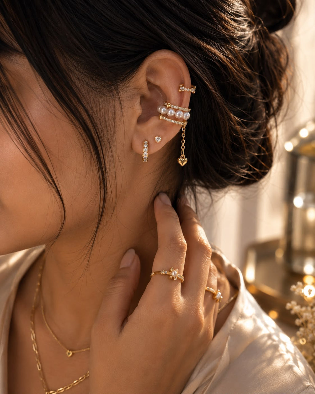 Pearl Heart Crystal Ear Cuff