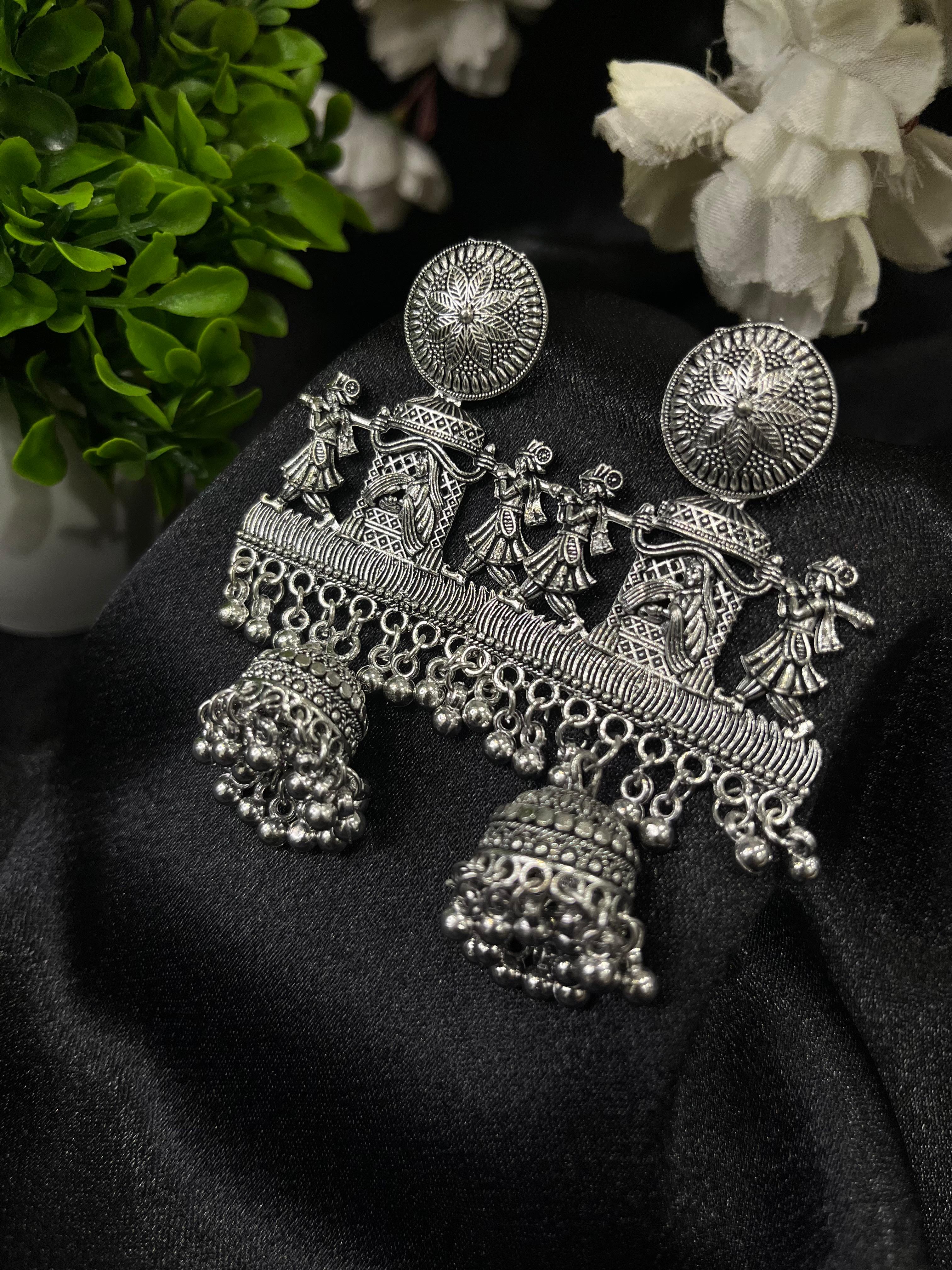 Oxidised Silver Folk Dance Jhumka Earrings