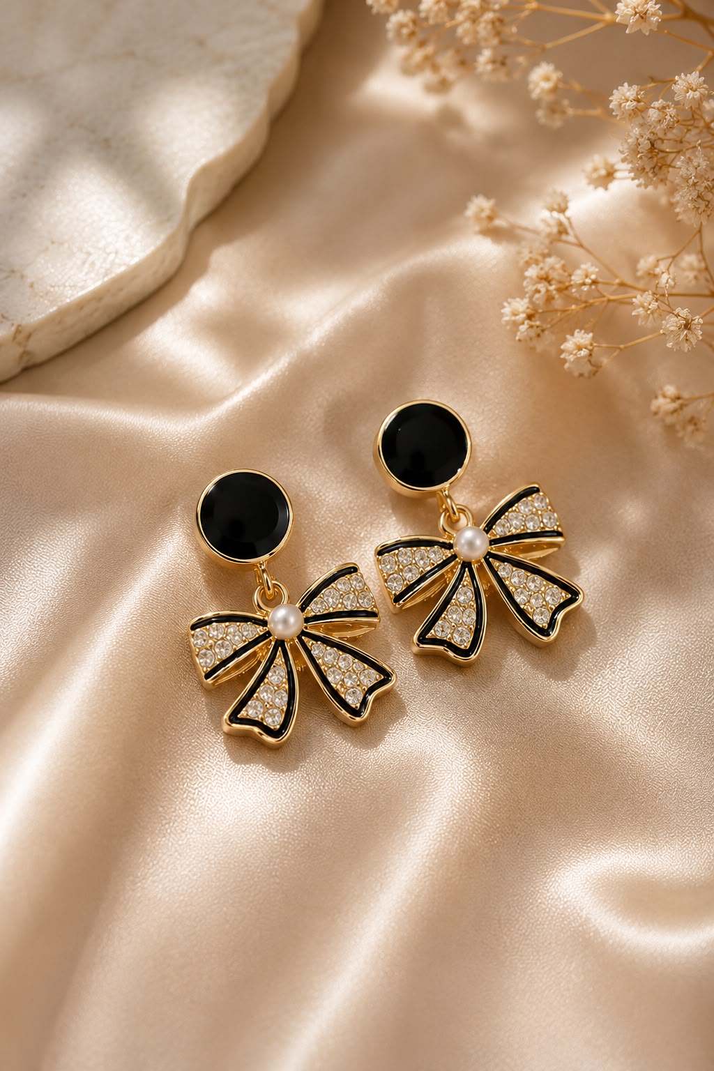 Luna Noir Bow Pearl Drop Earrings