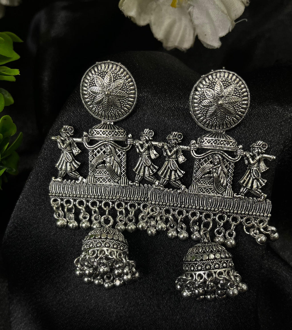 Oxidised Silver Folk Dance Jhumka Earrings
