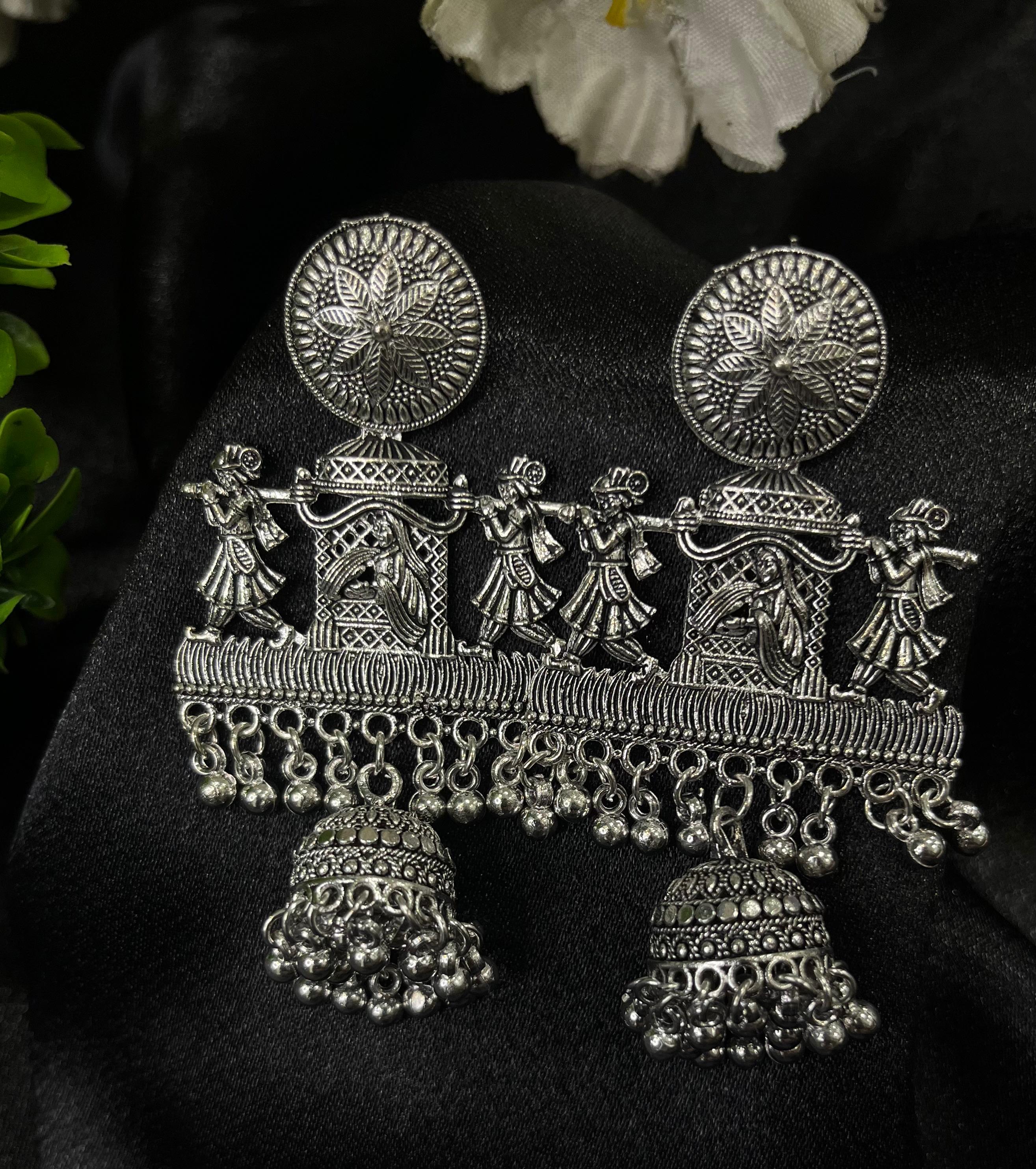Oxidised Silver Folk Dance Jhumka Earrings