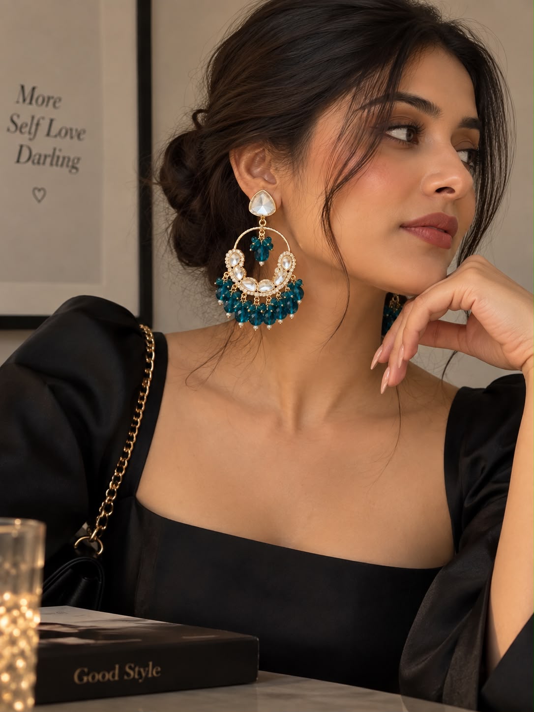 Teal Kundan Crystal Statement Chandbali Earrings