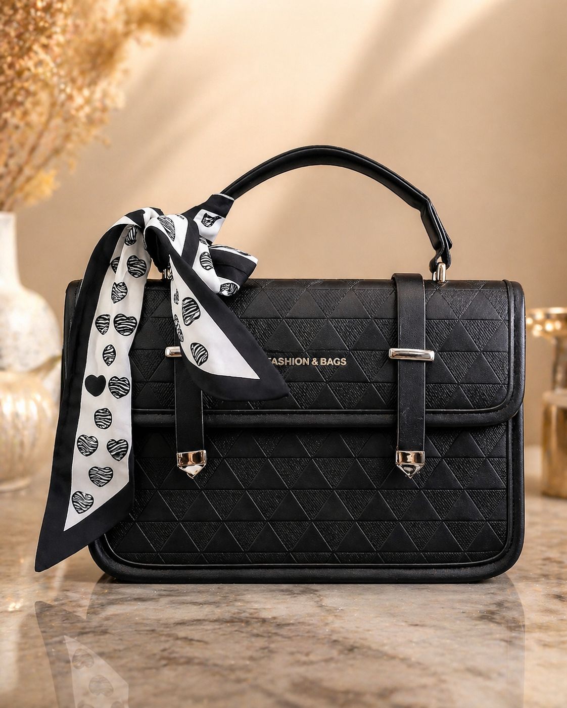 Elegant Black Textured Top Handle Satchel Bag with Printed Twilly Scarf