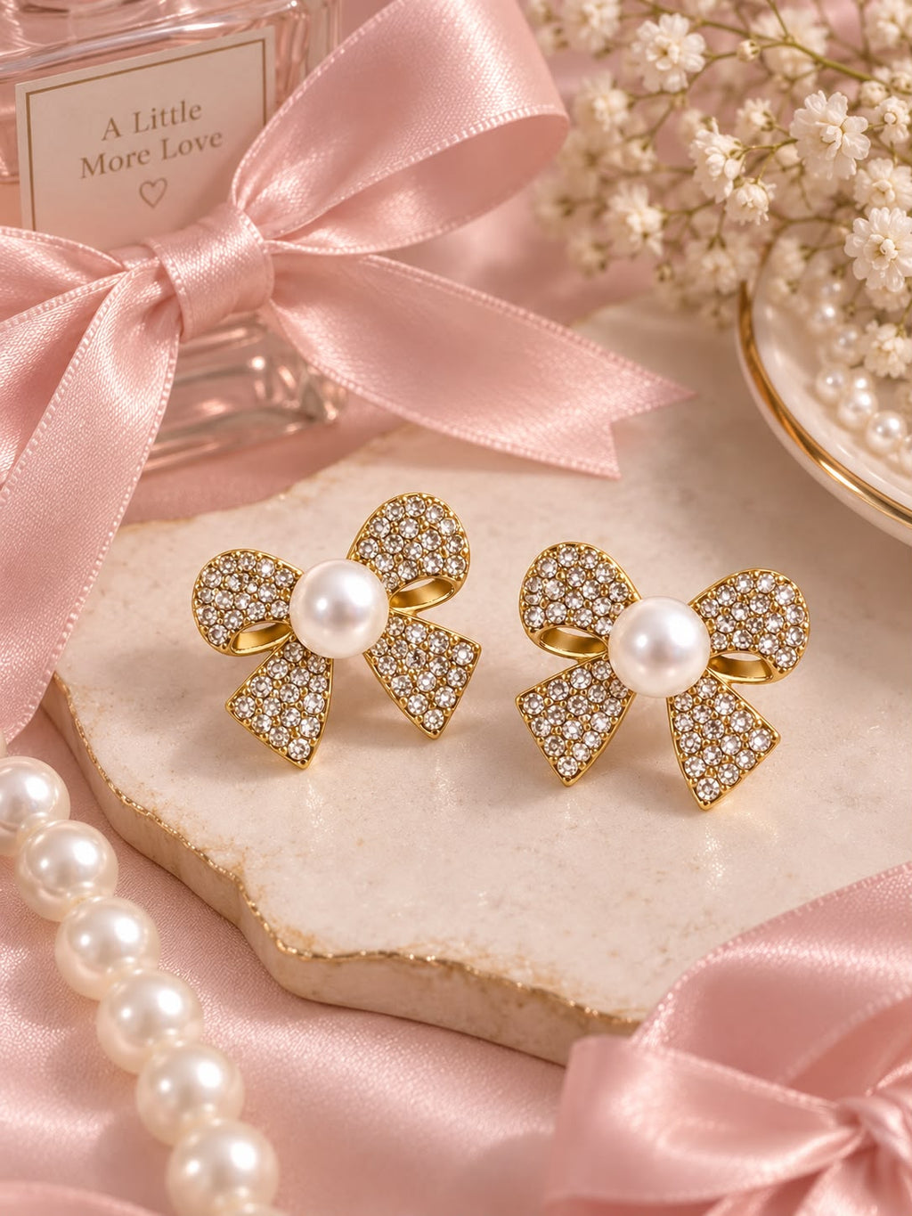 Crystal Pearl Bow Earrings | Gold-Tone Coquette Statement Studs