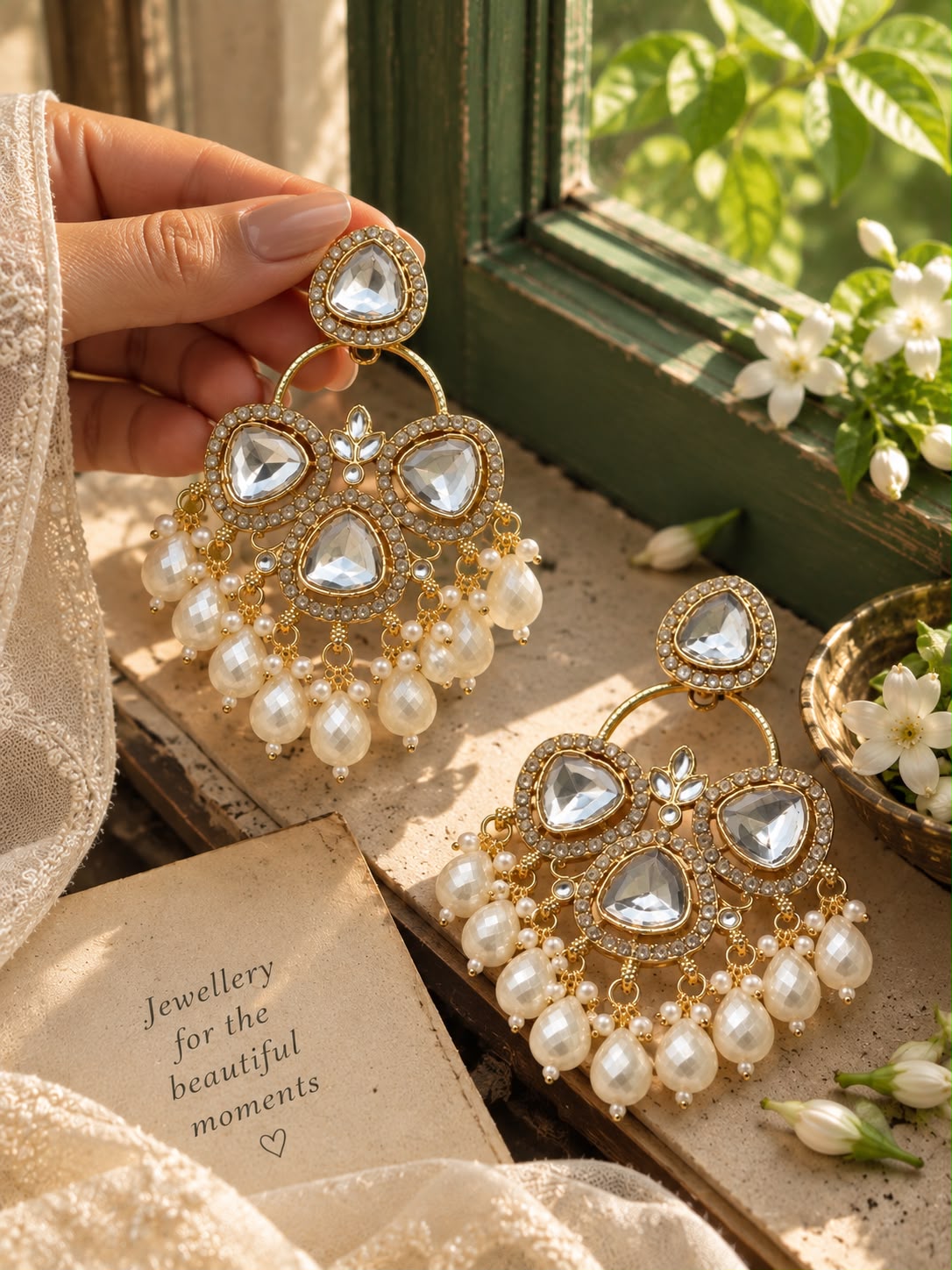 White Kundan Crystal Chandbali Earrings with Pearl Drops | Statement Festive Earrings