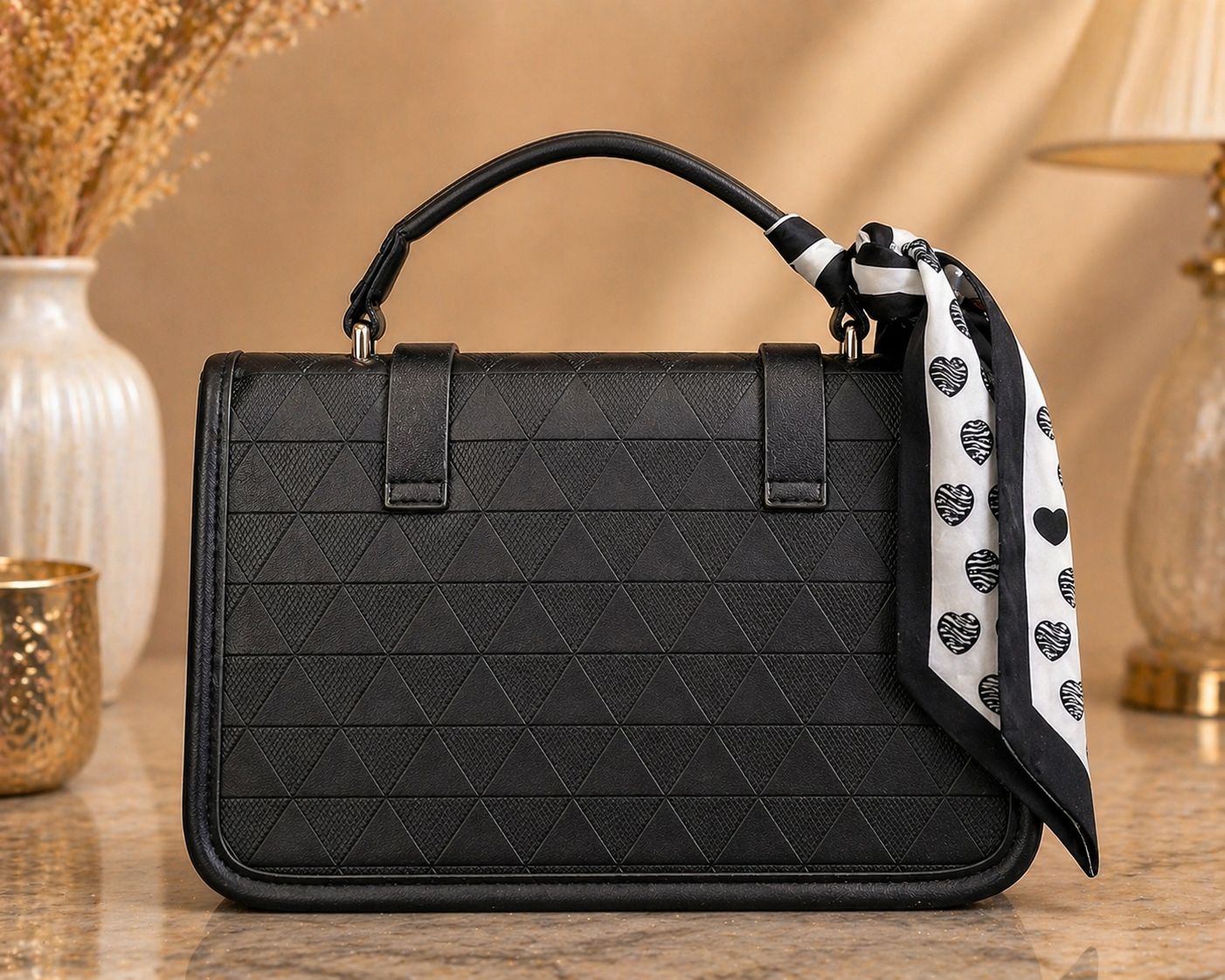 Elegant Black Textured Top Handle Satchel Bag with Printed Twilly Scarf