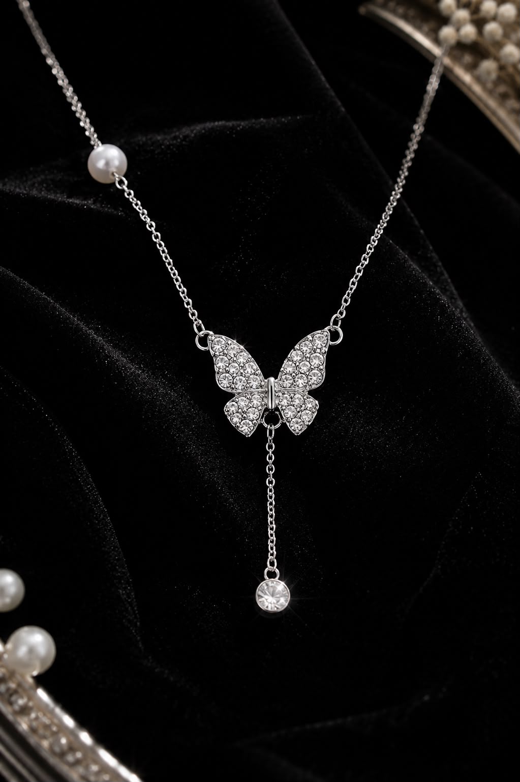 Silver Butterfly Crystal Y-Necklace