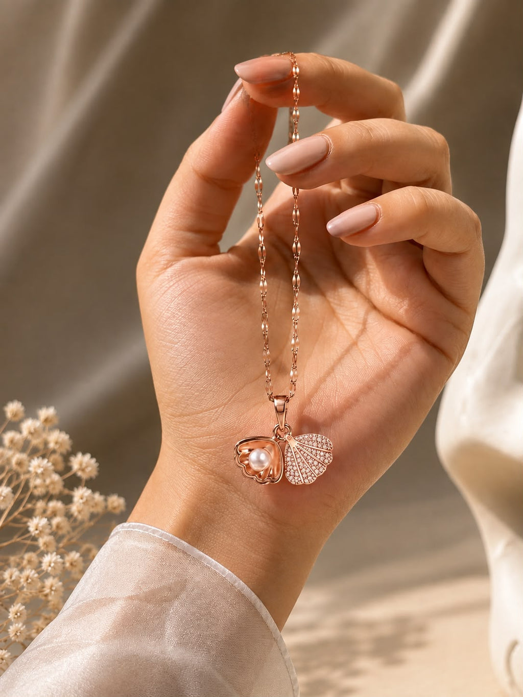 Rose Gold Shell & Pearl CZ Pendant Necklace