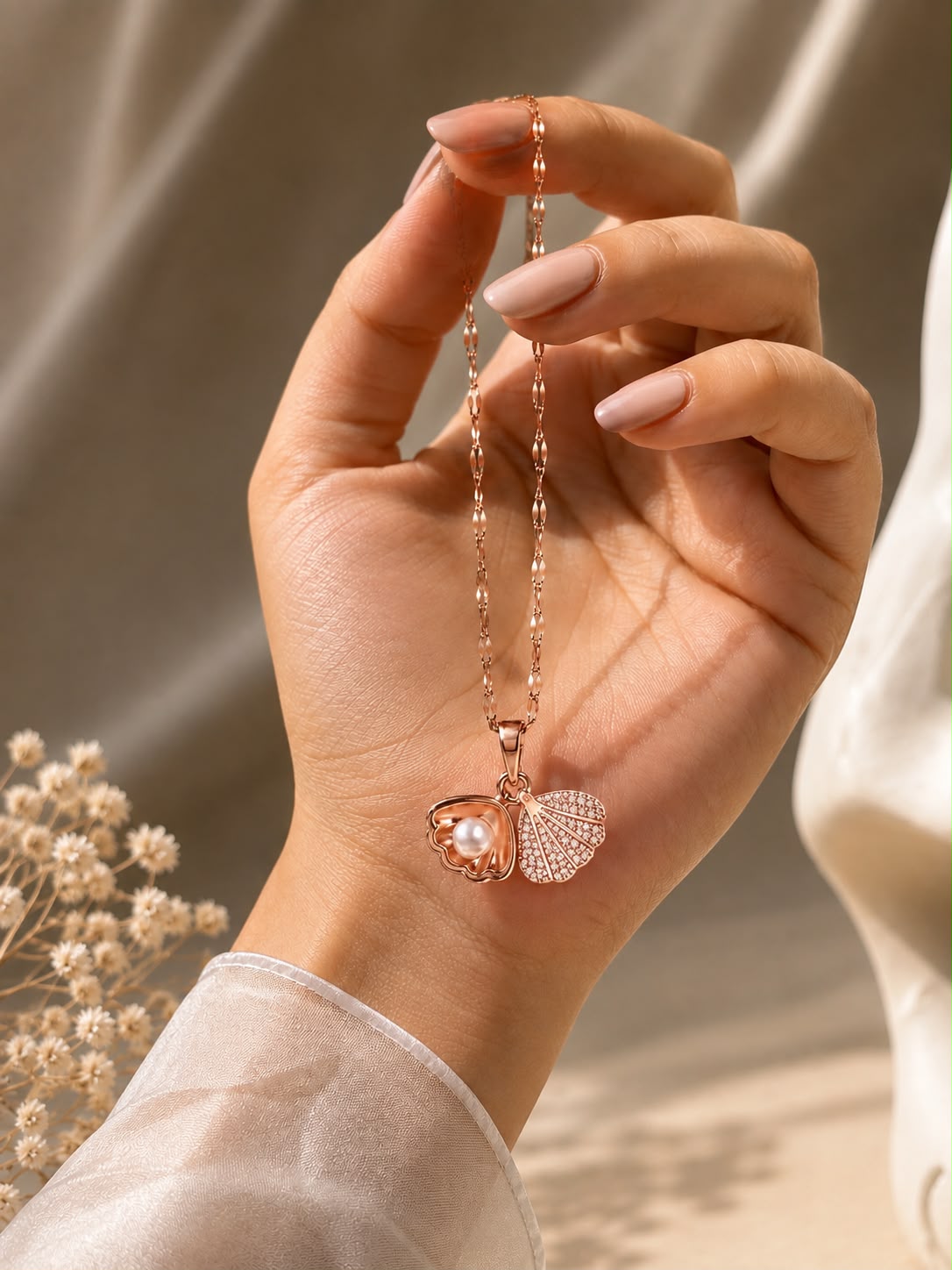Rose Gold Shell & Pearl CZ Pendant Necklace