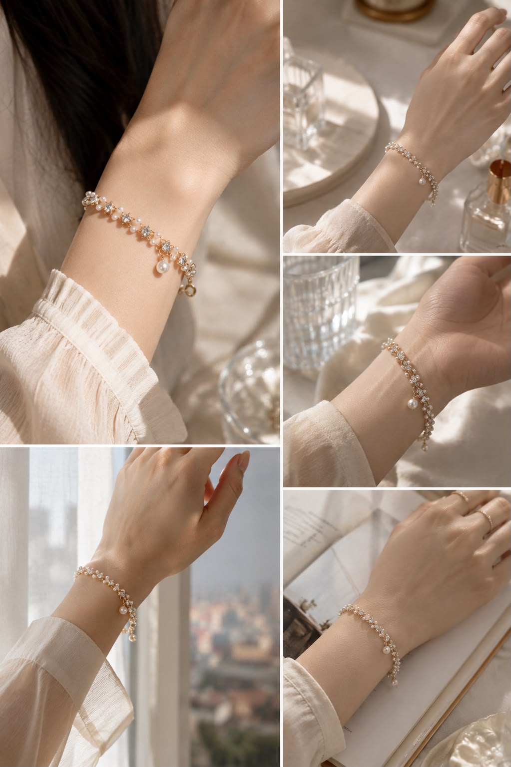 Korean Stone Pearl & Crystal Charm Bracelet