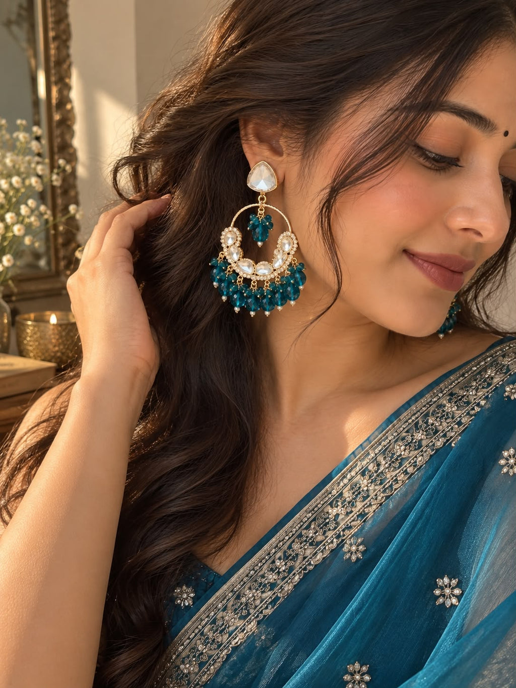 Teal Kundan Crystal Statement Chandbali Earrings