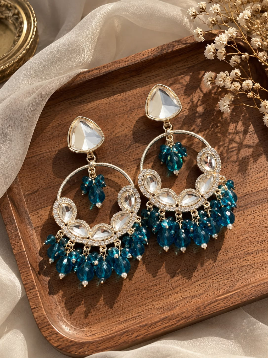 Teal Kundan Crystal Statement Chandbali Earrings