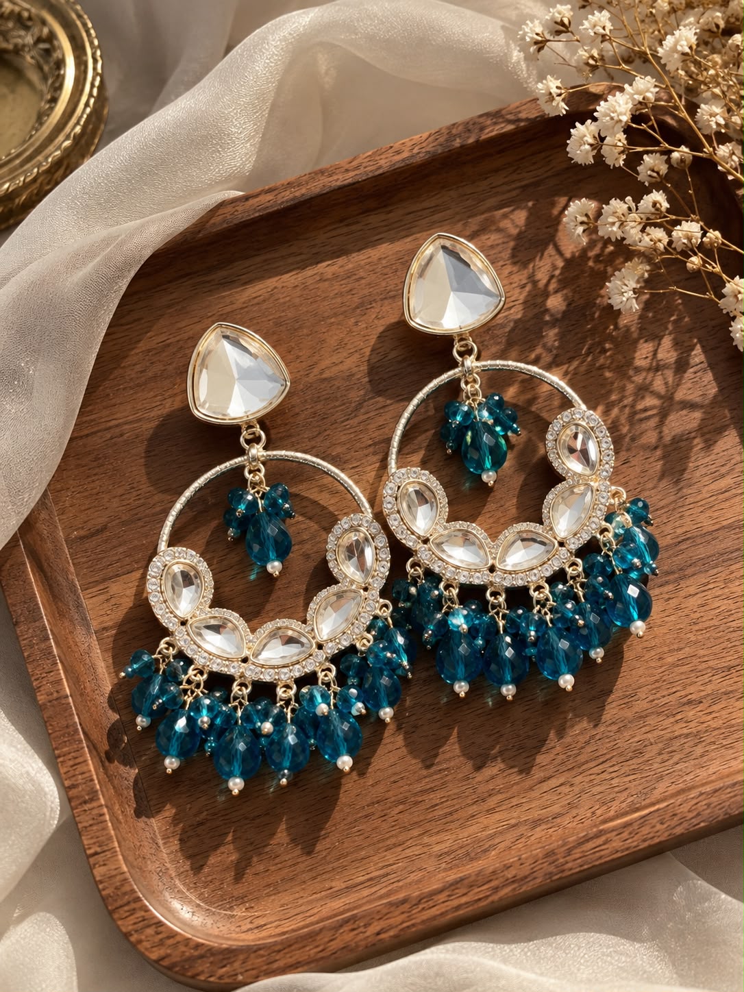 Teal Kundan Crystal Statement Chandbali Earrings