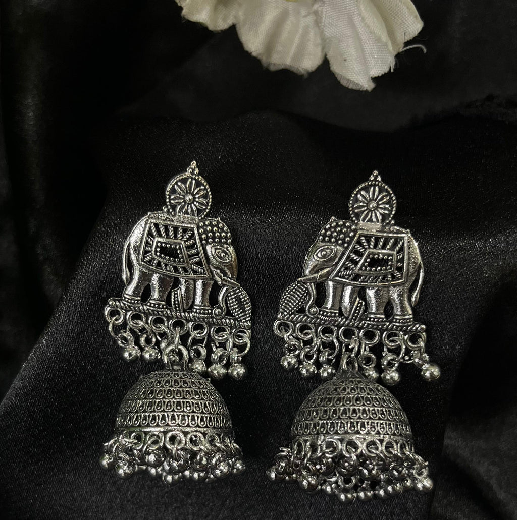 Silver Elephant Design Oxidised Earrings