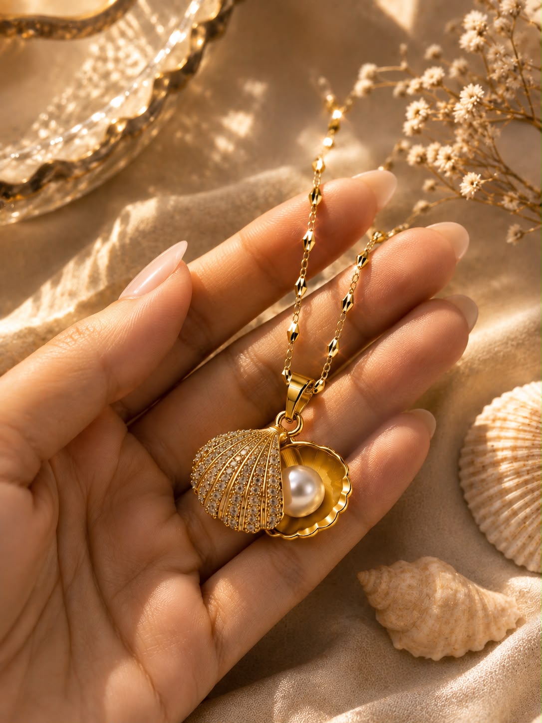 Pearl Shell Charm Necklace - Gold Plated