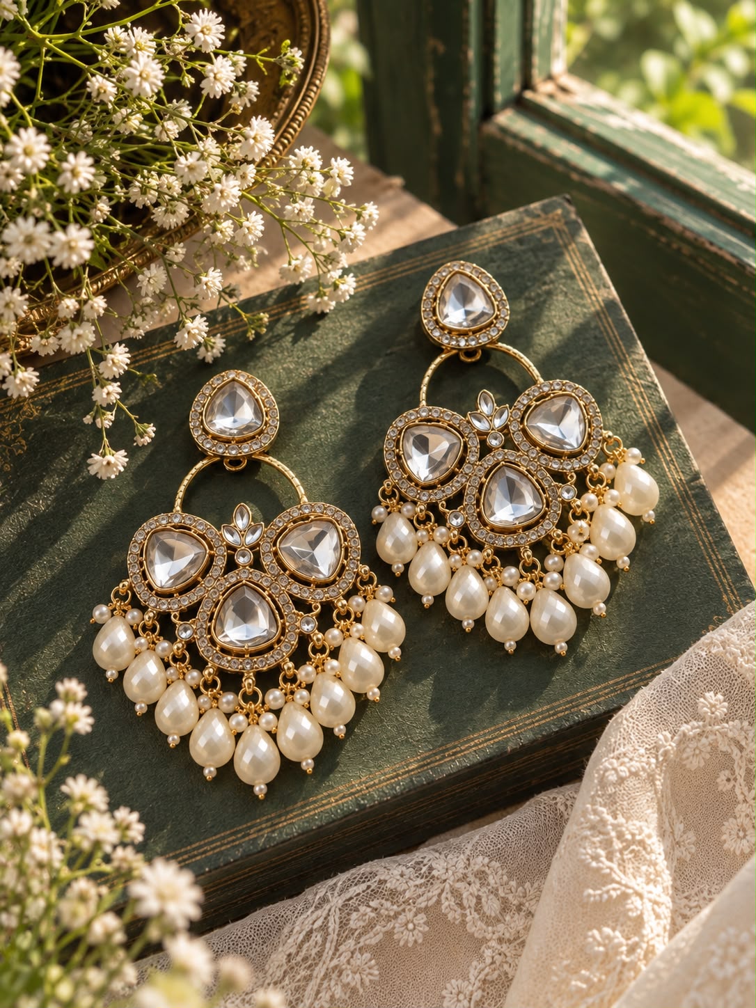 White Kundan Crystal Chandbali Earrings with Pearl Drops | Statement Festive Earrings