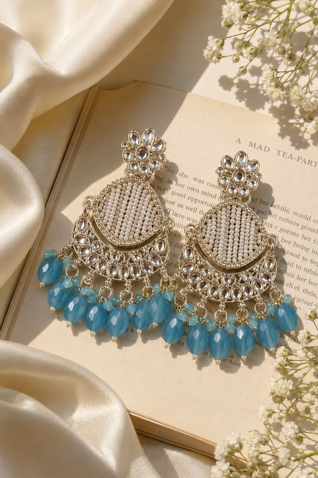 Kundan Blue Pearl Chandbali Earrings