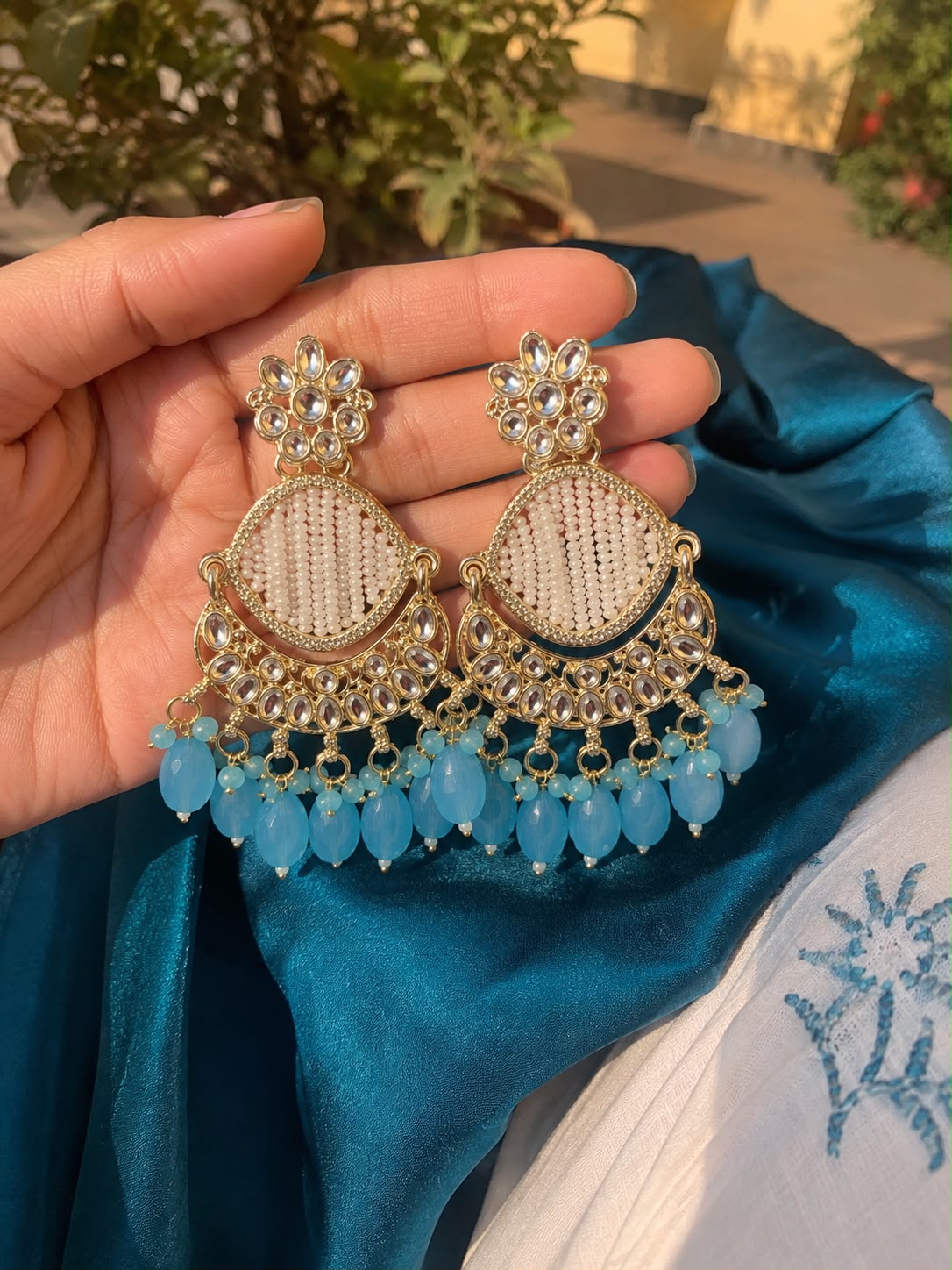 Kundan Blue Pearl Chandbali Earrings