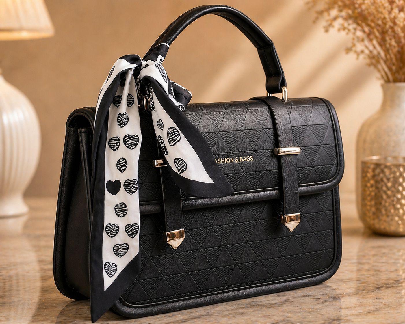 Elegant Black Textured Top Handle Satchel Bag with Printed Twilly Scarf